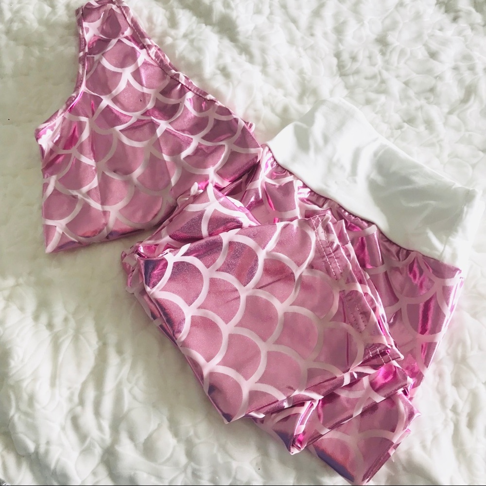 🎀Pink Mermaid Metallic Leggings Yoga Crop Top Set - Picture 6 of 6
